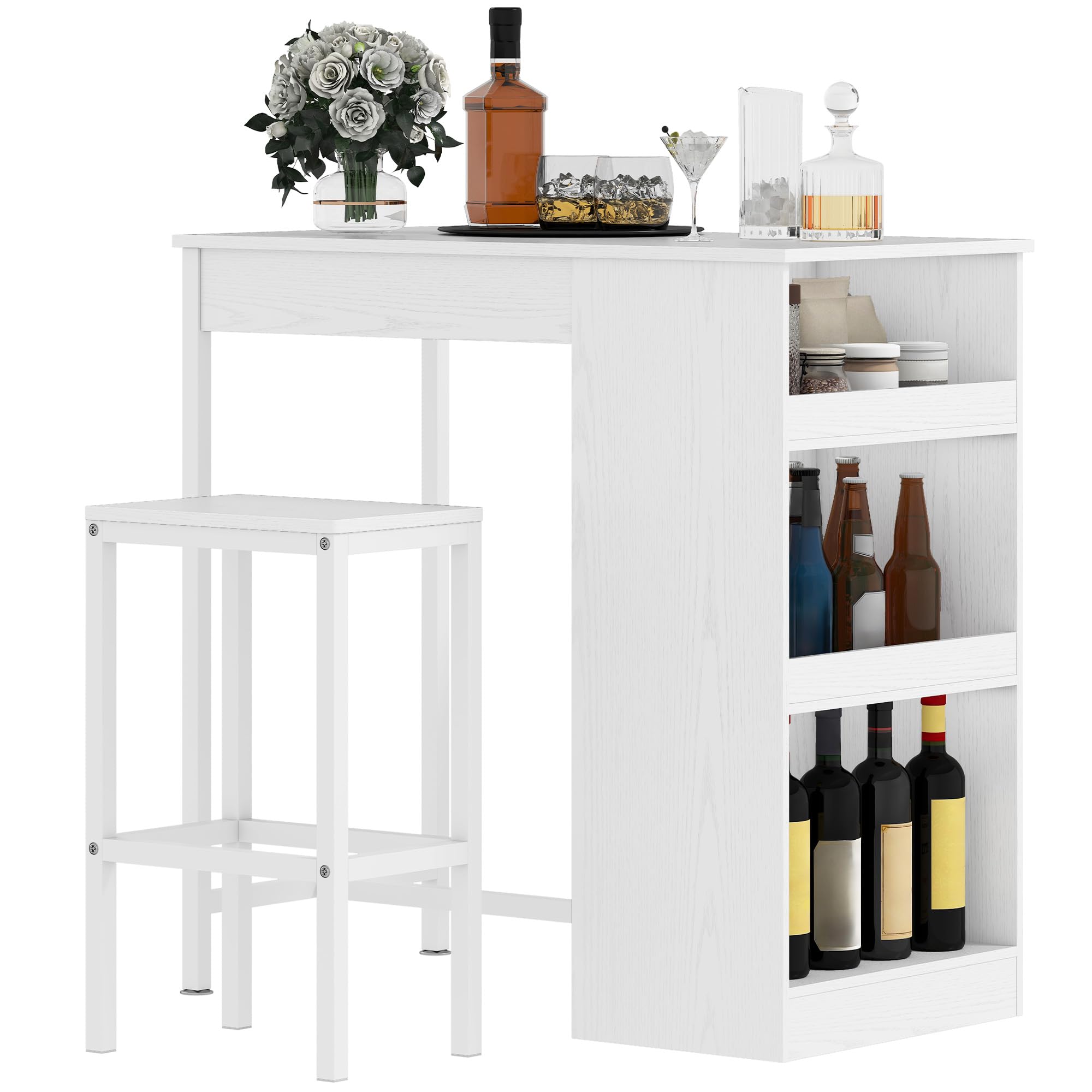 DWVO Barra de Desayuno, Mesa de Bar con 2 taburetes y Estante de Almacenamiento, Juego de Mesa de Bar de Estilo Industrial para Cocina, Comedor, Pub, Color Blanco | Juego de barra de desayuno, estante de almacenamiento para cocina, comedor, pub, marco de