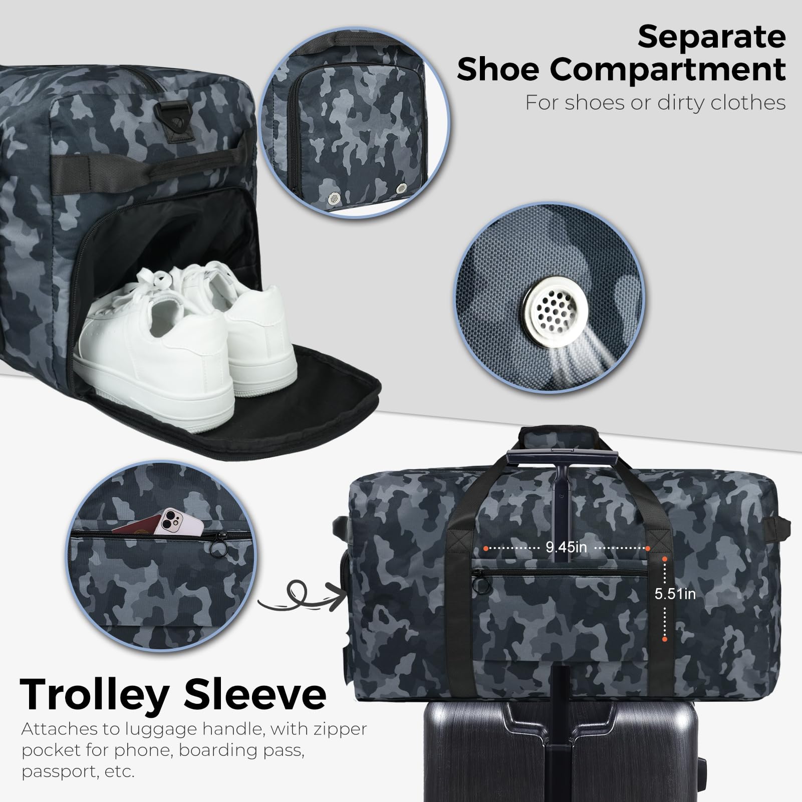 Fmeida Borsone da Viaggio Unisex Adulto, Grande Borsone Palestra con Scomparto per Scarpe e Tracolla, Impermeabile Duffel Bag Borsa Sportivo, Nero Camouflage