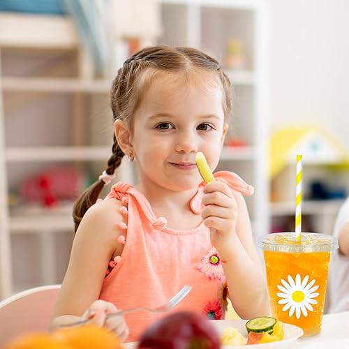 Miniatura 6 de Whaline 50 vasos de plástico desechables de margaritas con tapas y pajitas de 12 onzas para bebidas frías para boda, cumpleaños, baby shower