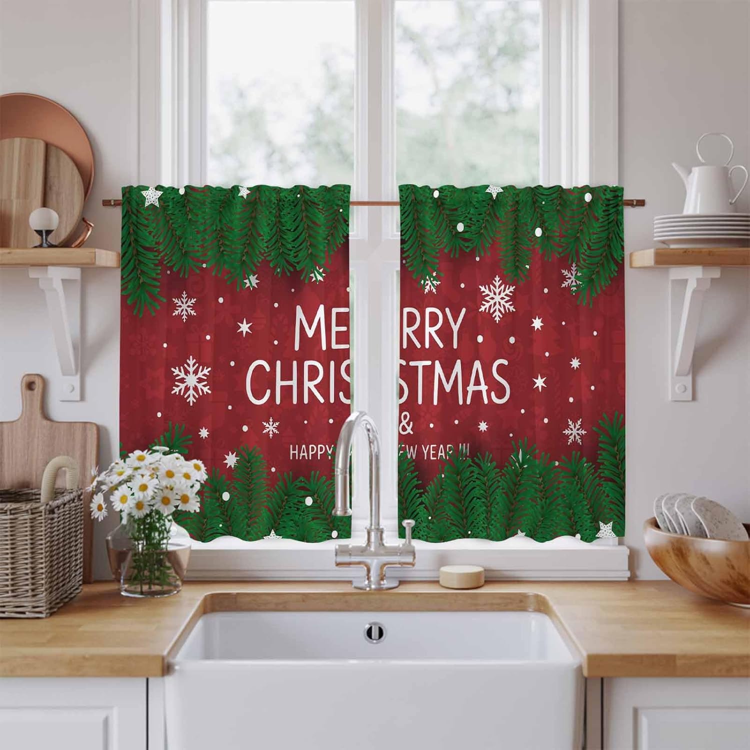 Merry Christmas Kitchen Tier Curtains 45 Inch Long 2 Panel Set,Rod Pocket Short Window Treatment,Xmas Pine Branches Winter Snowflakes New Year Curtains & Drapes for Bathroom Basement 27.5"W x 45"L