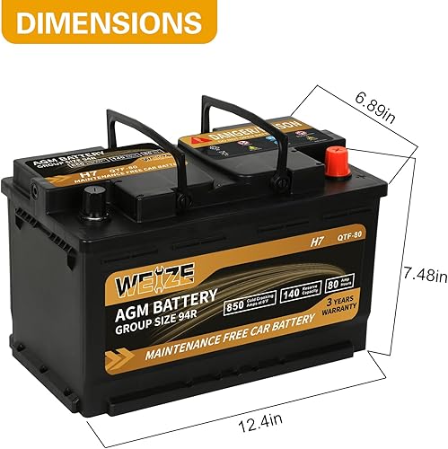 Miniatura 2 de Batería Weize Platinum AGM BCI Grupo 94R - Batería automotriz de 12v 80ah tamaño H7 94R, 140RC, 850CCA, garantía de 36 meses, dimensiones 31.5 cm L