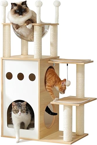 Árbol moderno para gatos, torre de madera para gatos de 42.5 pulgadas con condominio de 2 pisos, muebles para gatos con postes rascadores para