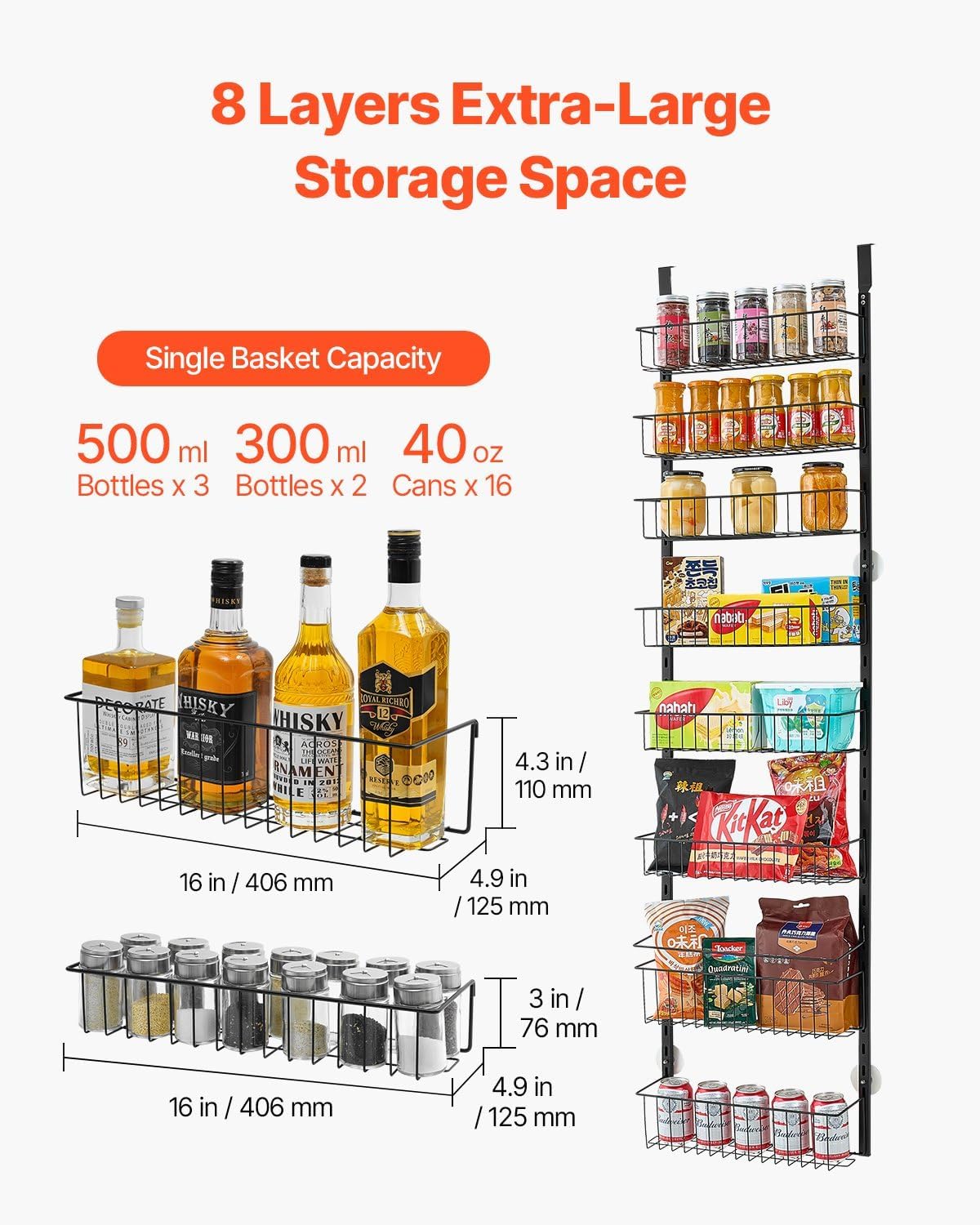 8-Tier Over The Door Pantry Organizer, Adjustable Hanging Storage Rack for Kitchen Spice, Snack, Cleaning Supplies, Heavy-Duty Metal Wire Shelves with No-Drill Mount