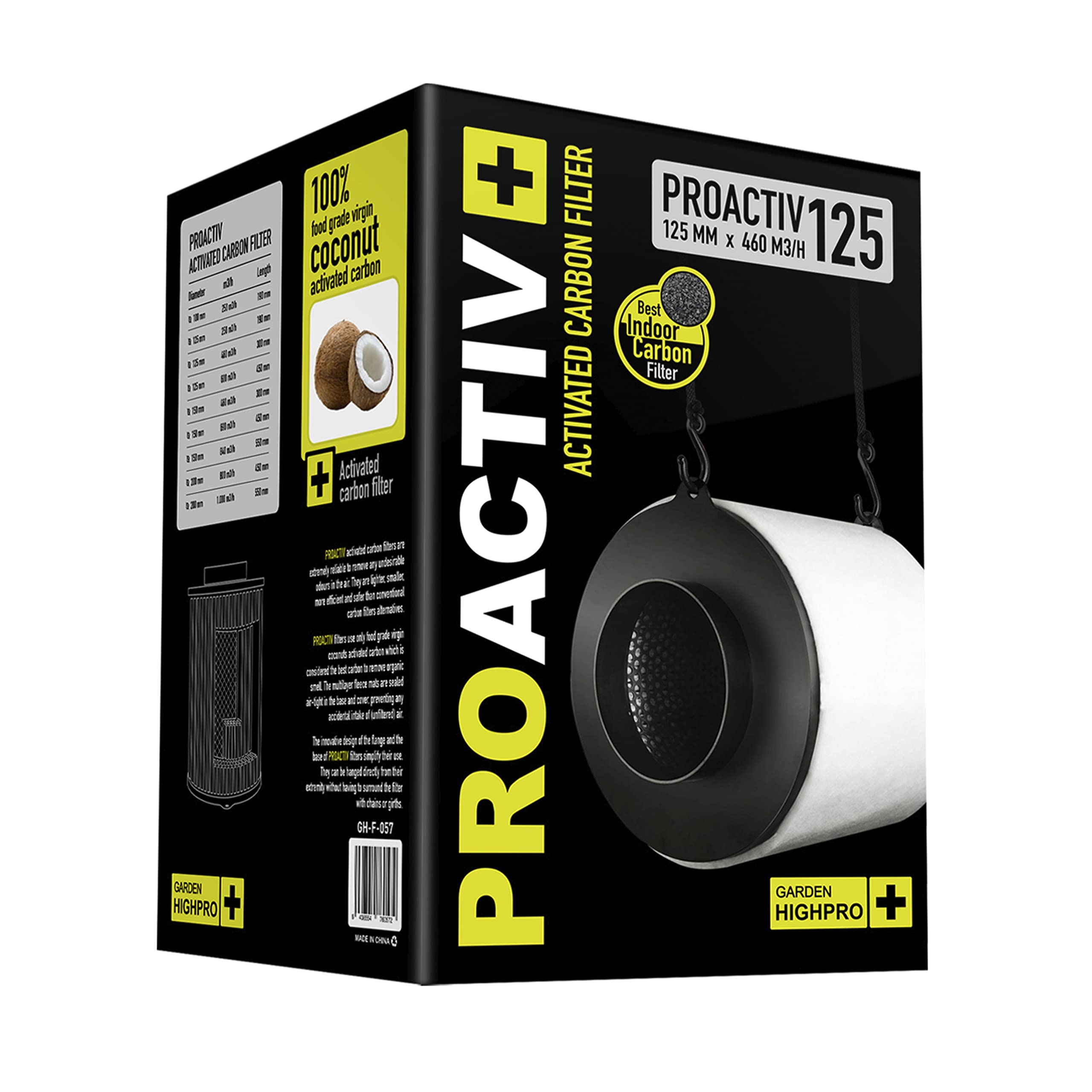 GARDEN HIGHPRO Filtre à charbon actif PROACTIV 125 mm 460 m3/h | Charbon actif de noix de coco | Élimine les odeurs organiques