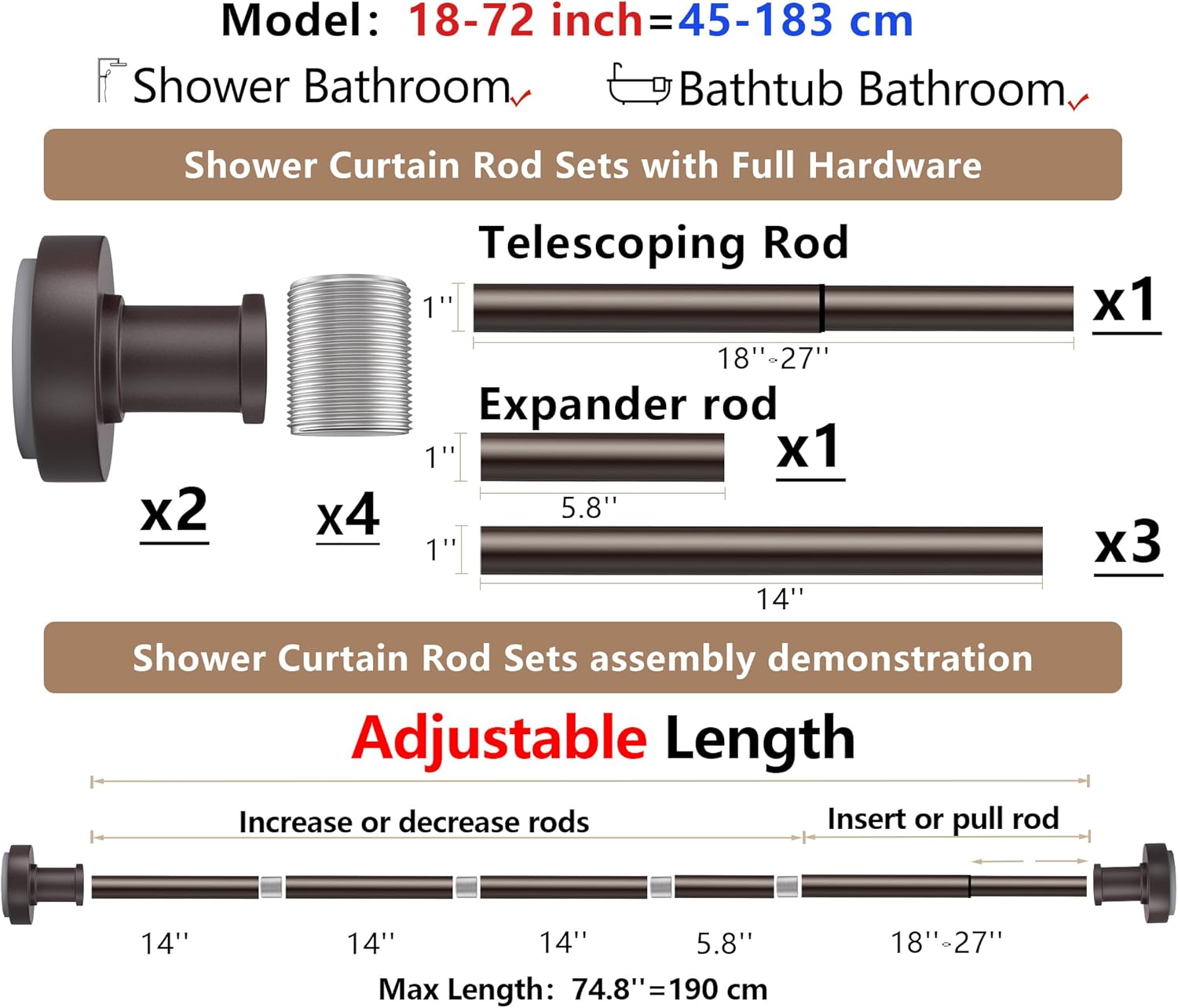 Oil Rubbed Bronze Shower Curtain Rod, Adjustable 18-72 Inches,Rust Resistance, Tension Rod with Durable Spring, No Drilling, Use for Bathroom, Bedroom, Kitchen, Balcony, Home