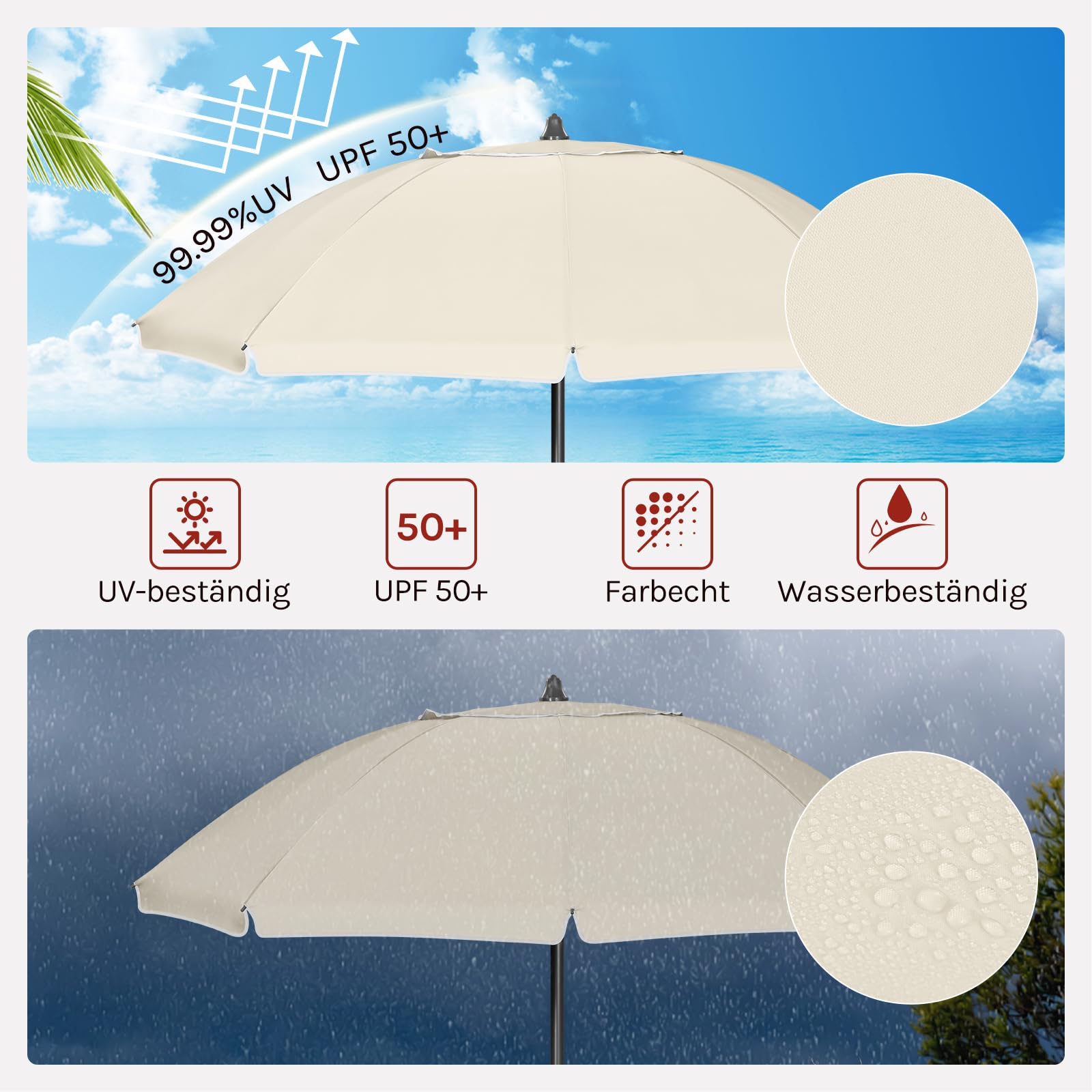 WOLTU Sonnenschirm Balkon φ155cm, UV-Schutz Strandschirm UPF 50+, Höhenverstellbar und Knickbar, Tragbar mit Tragetasche, Belüfteter Rundschirm für Balkon Garten Strand, Beige