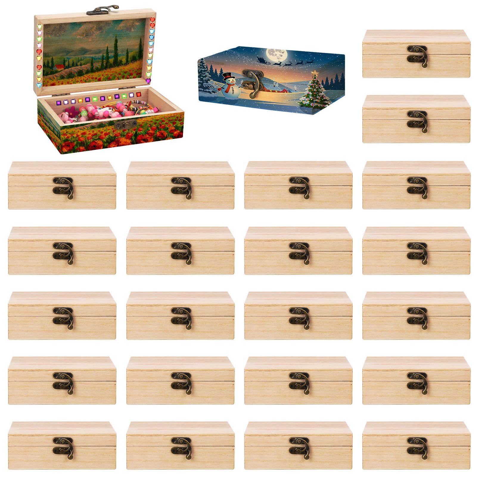 Hoemwarm 24 Pack Unfinished Wood Box with Hinged Lid, 6 x 4 x 2 Inch Storage Small Wooden Boxes for Craft Kids Christmas Gift Paint DIY Unpainted Jewellery Organizing Box Art Box, Home Storage Decor