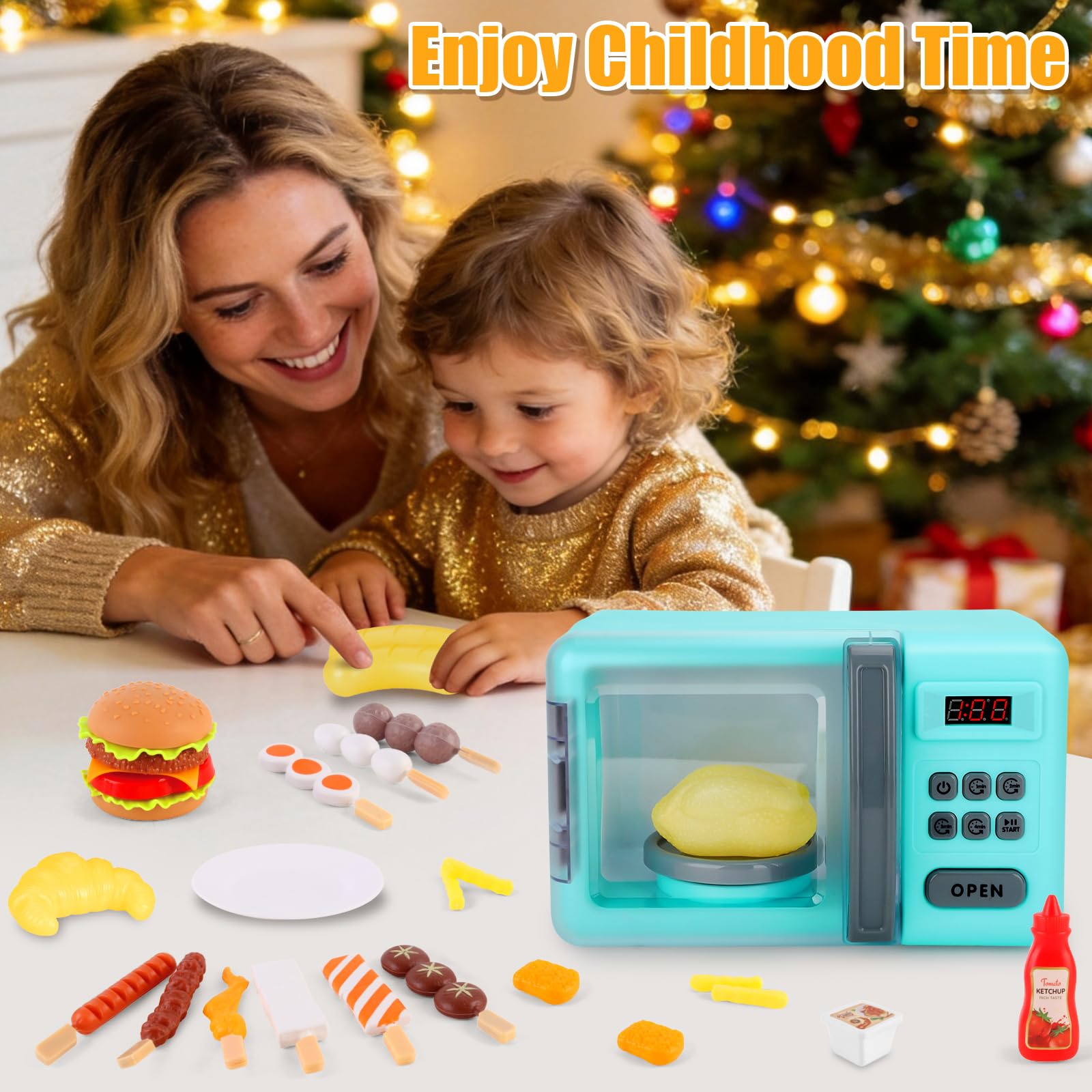 deAO Micro-Ondes Four Toy Cooking Play Kit avec Lumière Réaliste, Sons | Jeu de Cuisine avec Poulet Rôti et Play Fake Foods, Électronique et Aliments de Jeu, Jouets Cuisine Éducatifs pour Enfants
