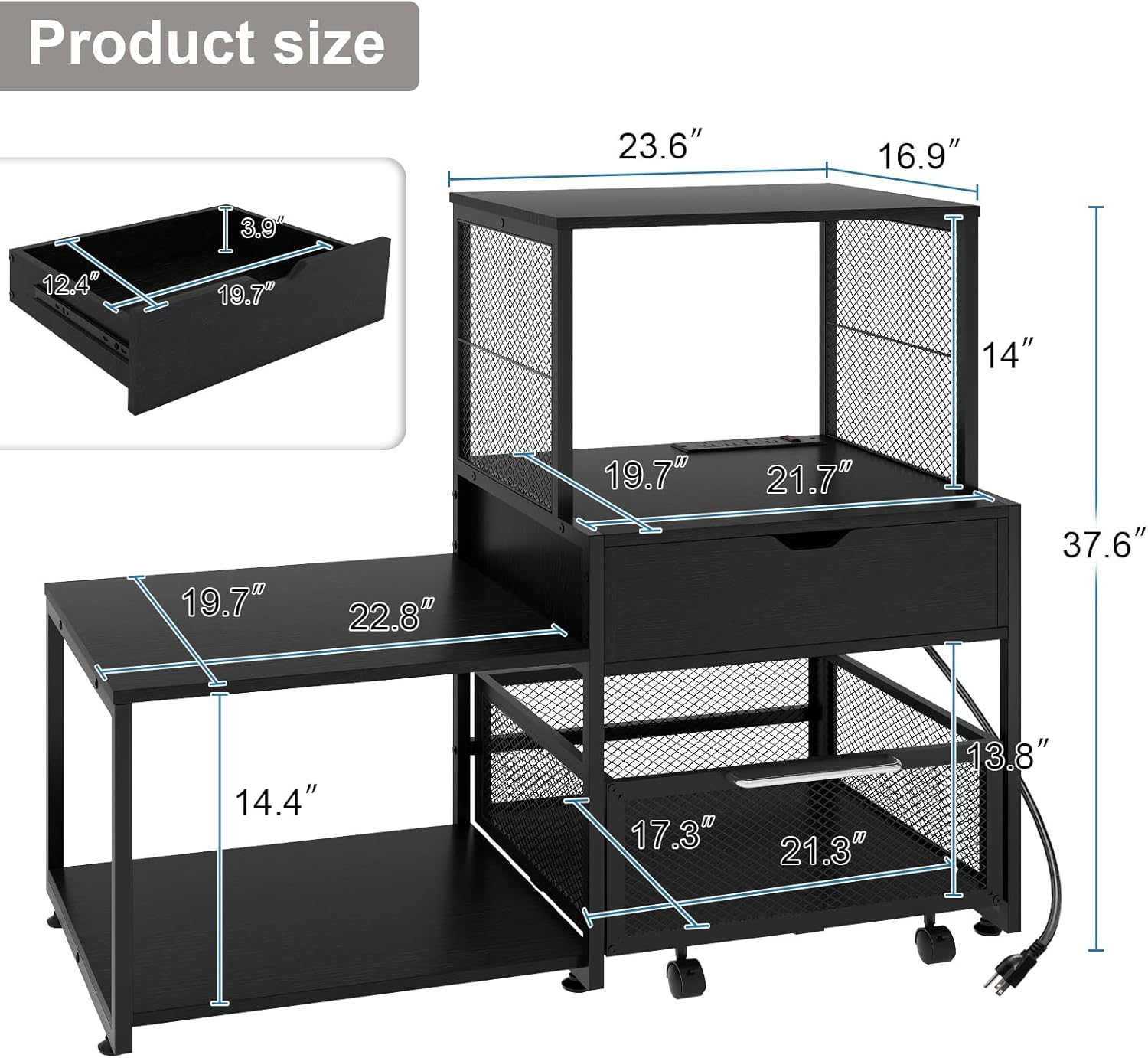 PUNCIA Mini Fridge Stand with Storage, Coffee Bar Cabinet with Power Outlet and Drawer — Beverage Refrigerator Table, Microwave Oven Stand with Rolling Basket for Home, Dorm, Apartment, Pantry