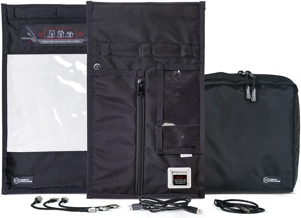 Mission Darkness Window Charge & Shield Faraday Bag for Phones // Includes USB Filter, Transparent Window, and Cable Set for Data Extraction and Charging Devices While Shielded from RF Signals