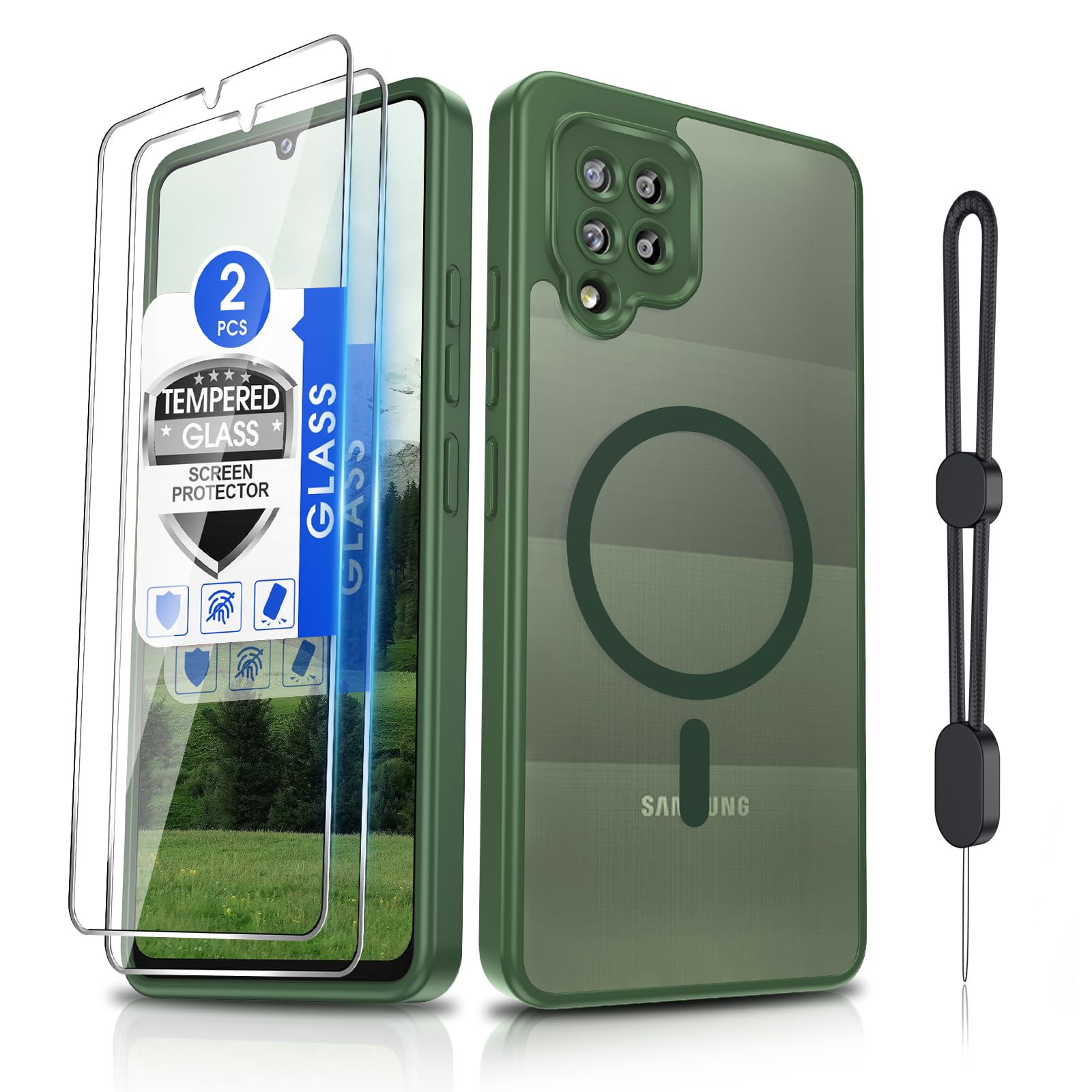 Dizn for Samsung Galaxy A42 Phone Case: with [2 Pcs] Tempered Glass Screen Protector [Compatible with MagSafe] with Strap, Matte Cover &amp; Military Grade Shockproof Protective,Funda para A42,Green
