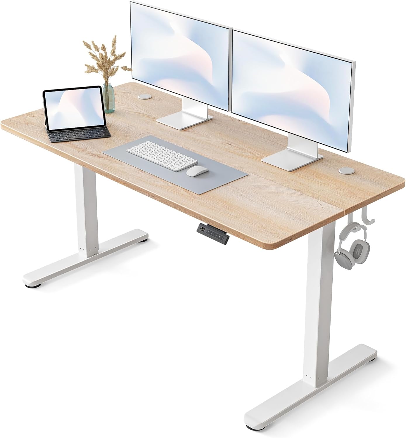 FEZIBO 55 x 24 Inchs Electric Standing Desk, Height Adjustable, Sit Stand Up, Computer Office Desk with Splice Board, White Frame/Maple Top