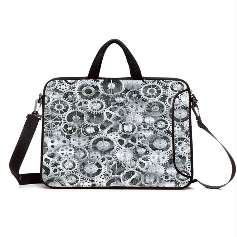 13" Neoprene Laptop Bag Sleeve with Handle,Adjustable Shoulder Strap & External Side Pocket,Clock,Realistic Look Cogwheels Mechanism Gear Engineering and Technologic Themed Pattern Decorative,Grey S