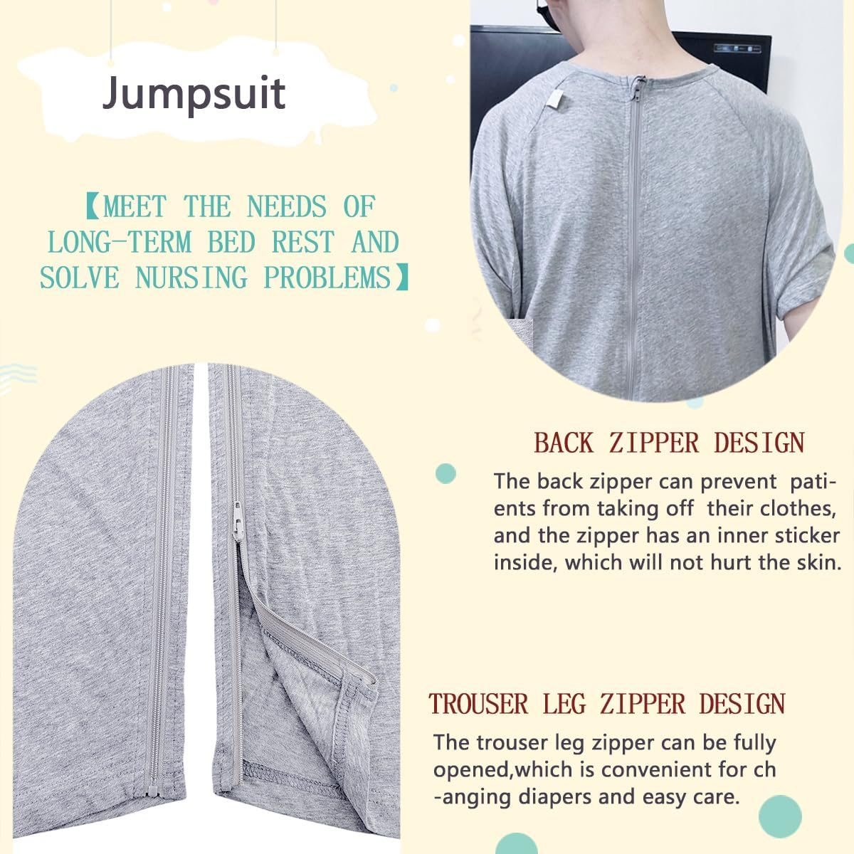 Unisex Anti-Strip Adaptive Jumpsuit with Back-Zipper,One-piece Short-sleeved Trousers,Suitable for Seniors,Alzheimer’s Patients,Dementia Patient,Incontinence Care - Image 4