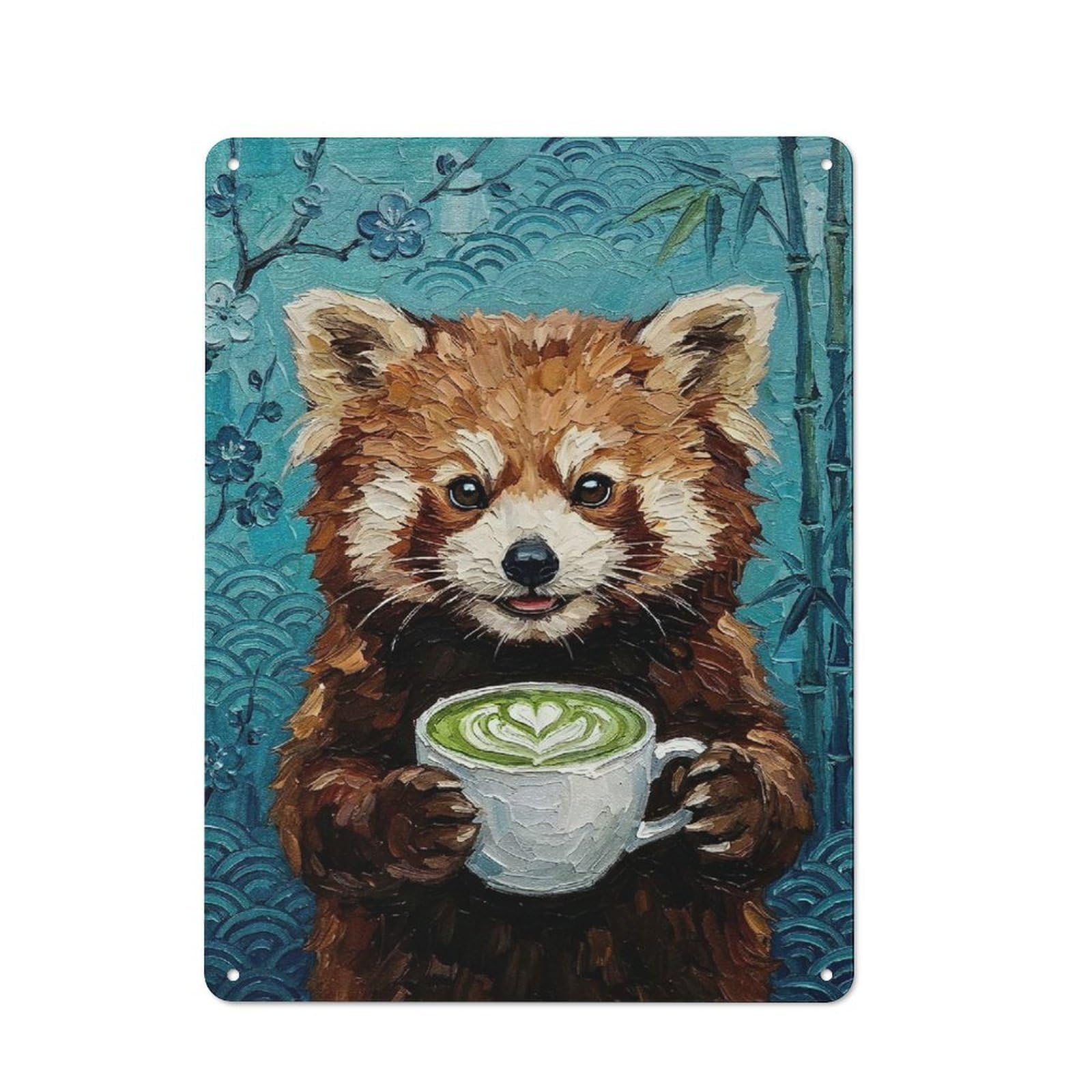 Junmoney Style-9 Vintage Tin Sign With Red Panda With Matcha Latte Painting Design 40X30cm, Vintage Cafe Wall Decor For Coffee Bar, Kitchen, Bistro Or Tea Corner