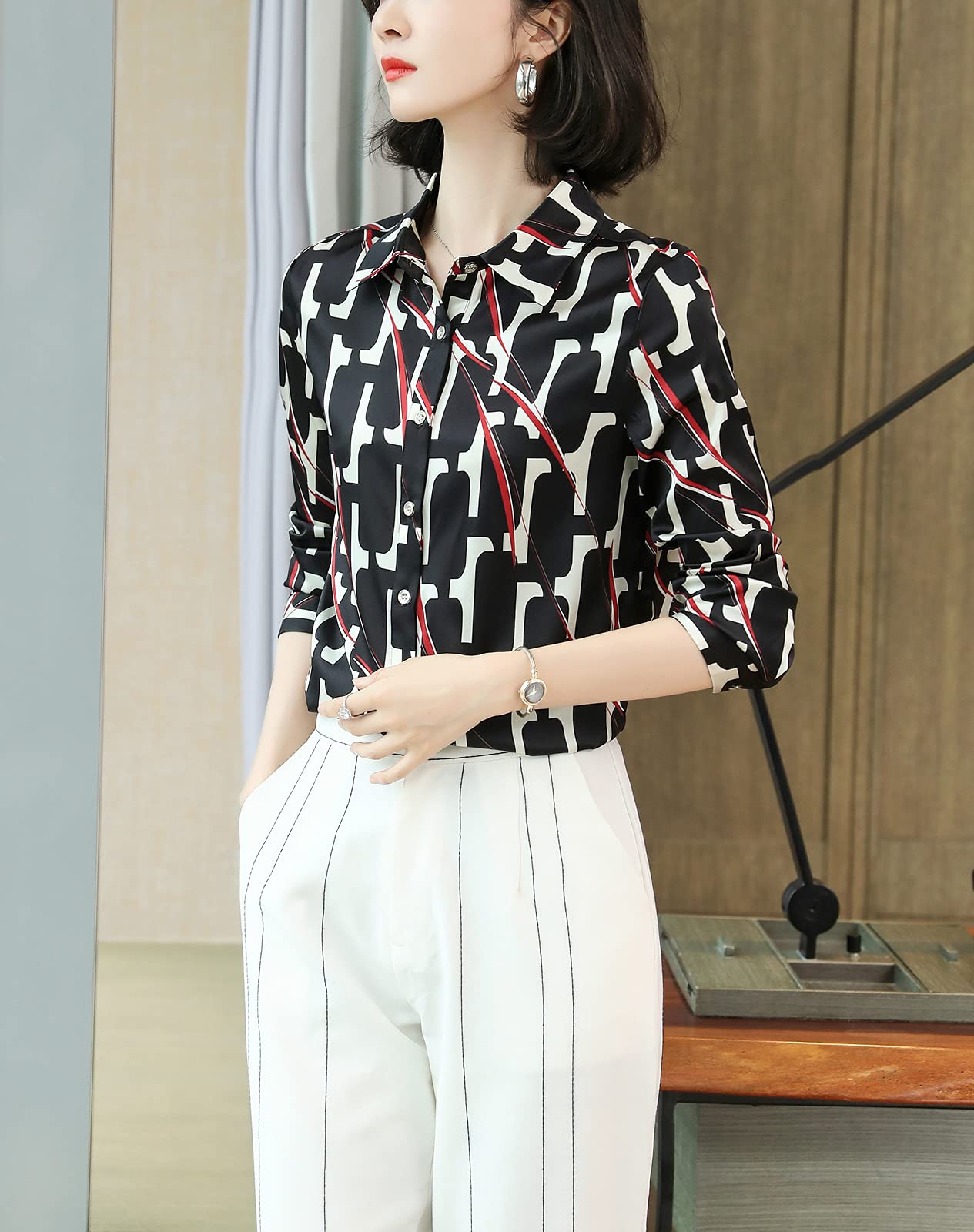 E-girl Blusa de seda para mujer, diseño de lunares, con botones, manga larga, solapa, S3510