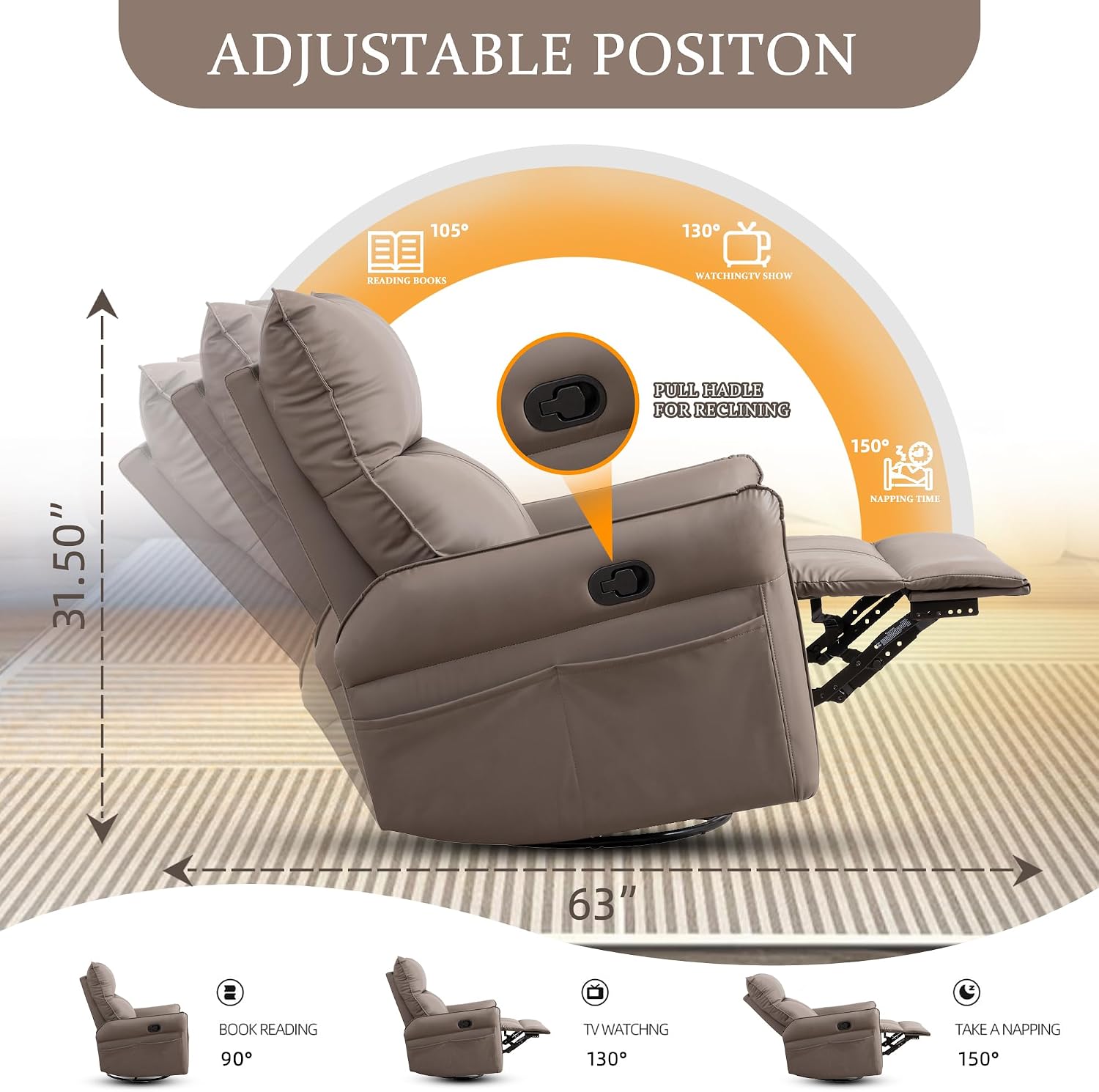Swivel Rocker Recliner Chair, Upholstered 360° Fabric Leather Glider Rocker Chair for Nursery, Manual Small Recliners for Small Spaces Living Room Weight Capacity 300lbs
