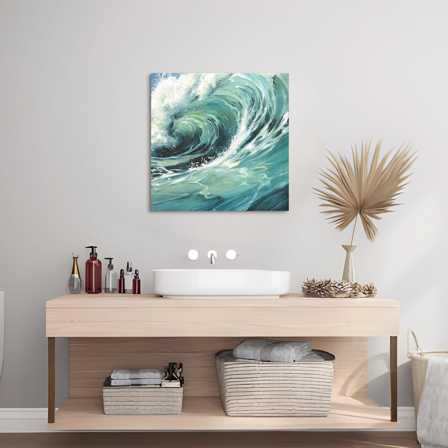 arttitue Ocean Wave Canvas Wall Art: Sea Water Picture Painting Print Decor Seascape Artwork Decoration for Bathroom Living Room 16x16 Inch