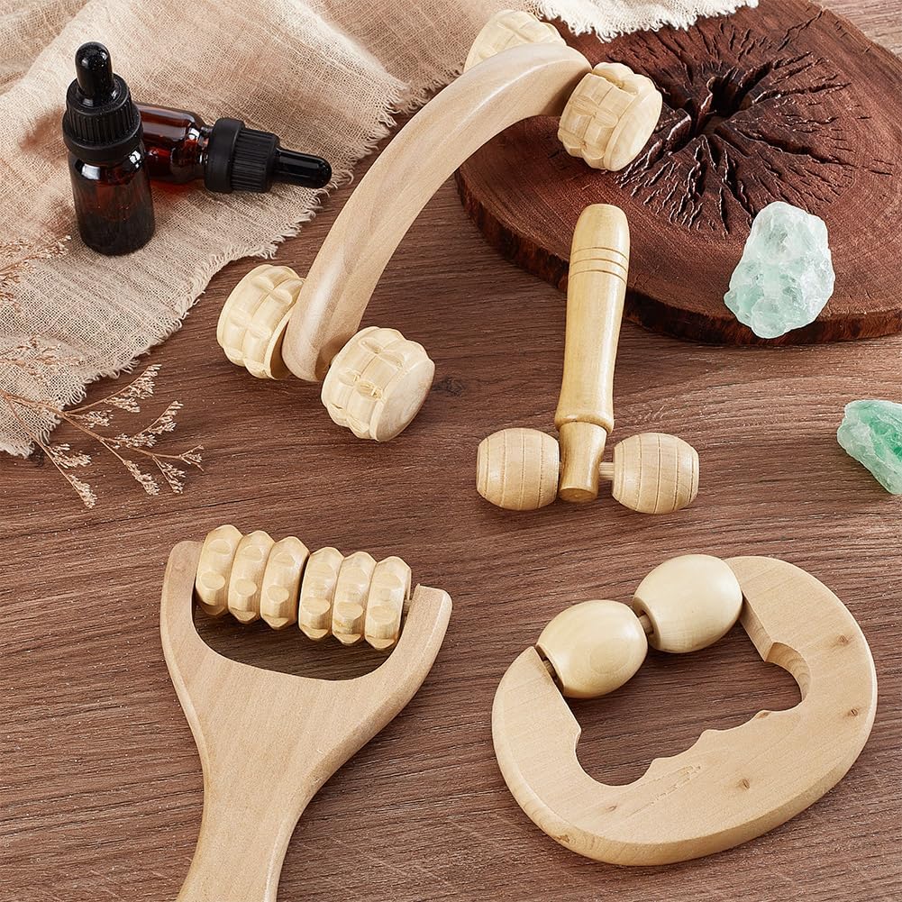 AHANDMAKER 4Pcs Massage Tool Set 4 Styles Wooden Gua Sha Tool, T-Shape Massage Roller, Therapy Trigger Point Massage Tool for Body, Face, Shoulder, Arm, Leg, Foot, Almond White - Image 5