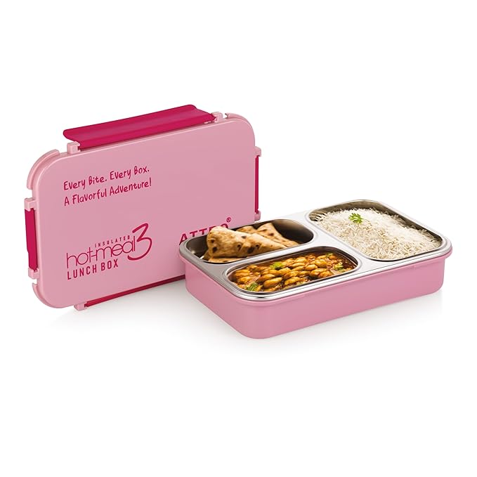 ATTRO Hot-Meal 3 Insulated Lunch Box with 3 Compartment, Inner Stainless Steel & Locking Lid BPA-Free Food Grade Ideal for School, Office - 900ml Peach