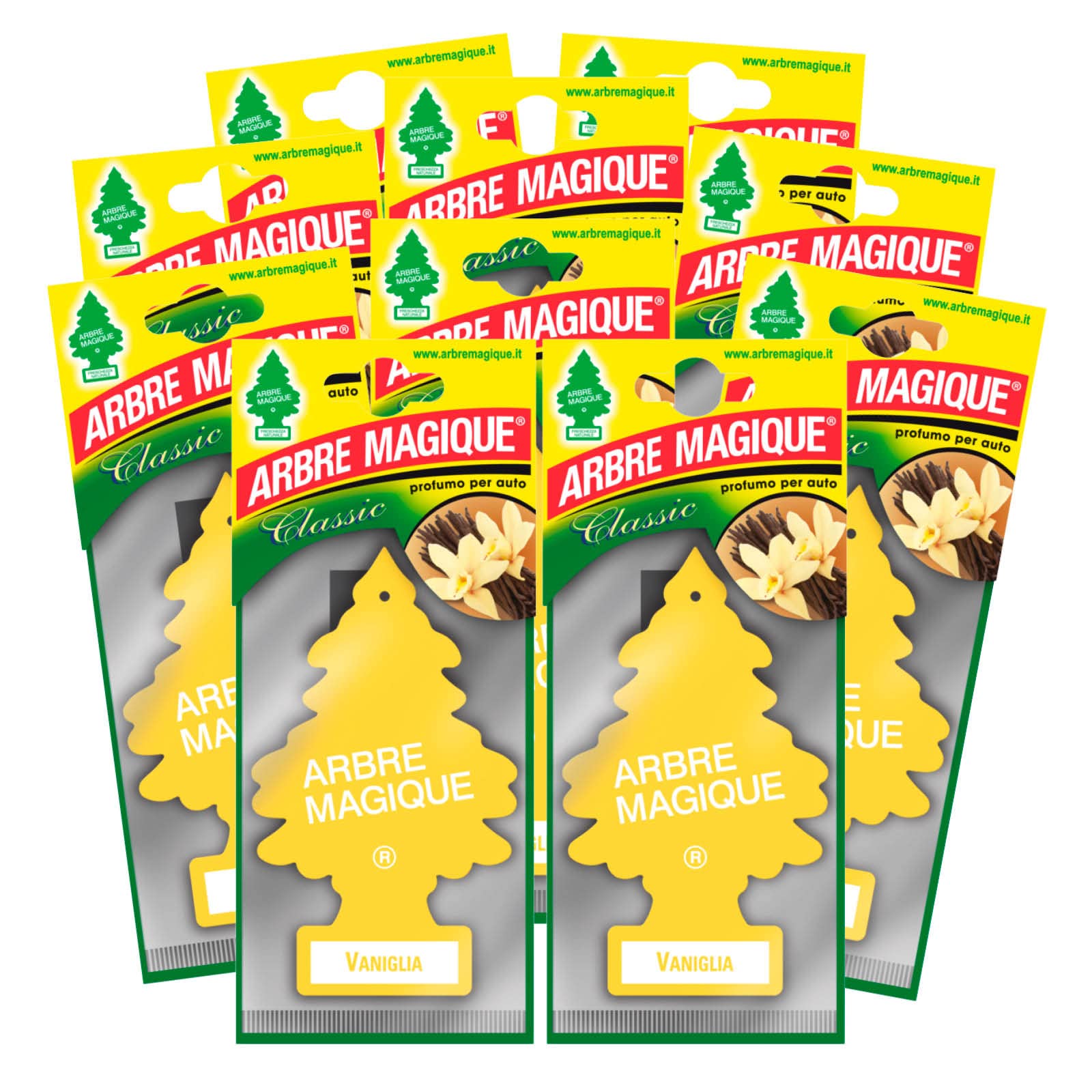 Arbre Magique Mono, Profumatore Auto, Fragranza Vaniglia, Profumazione Dolce e Tropicale, Durata fino a 7 Settimane, Made in Italy, Confezione da 10 Pezzi