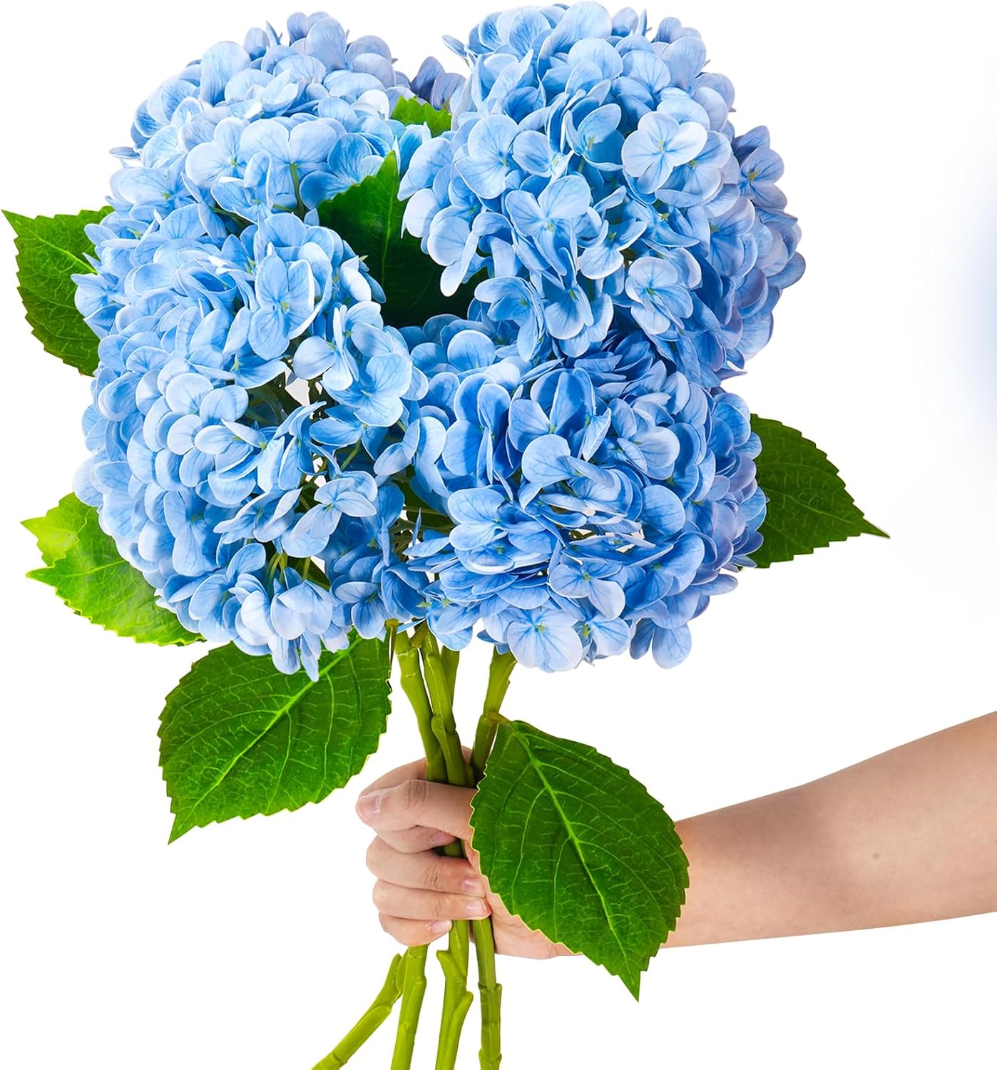 20" 4Pcs Blue Faux Hydrangea Flowers Real Touch Fake Hydrangeas Bouquet Hydrangea Artificial Flowers with Leaves Stems for Centerpiece Arrangements Wedding Party Home Décor