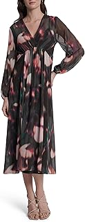 DKNY Women's Long Balloon Sleeve V-Neck Empire Waist Midi Dress
