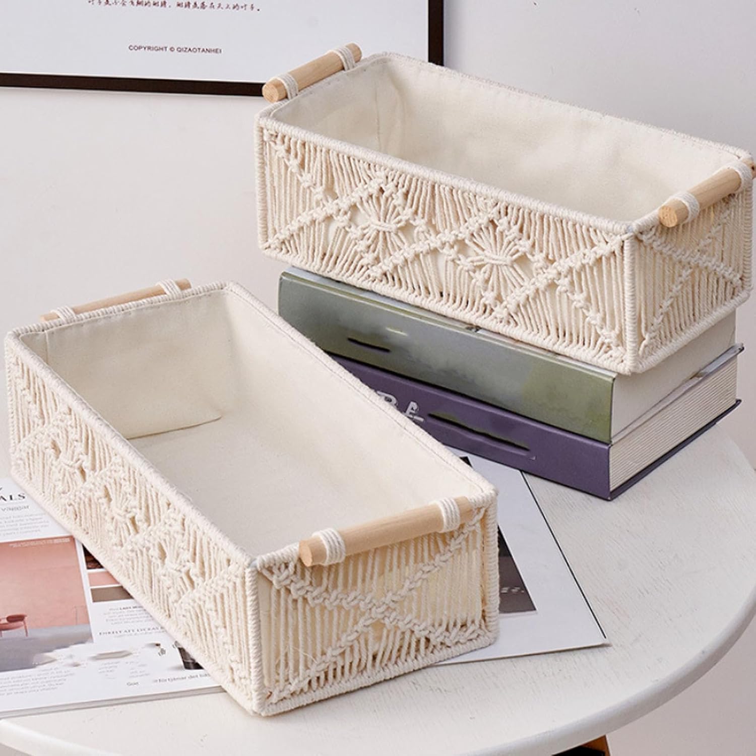 Luqeeg 2 Pcs Macrame Storage Basket, Handwoven Cotton Rope Toilet Paper Organizer, Wood Handles Storage Basket, Ideal for Bathroom, Bedroom, Livingroom & Home Decor