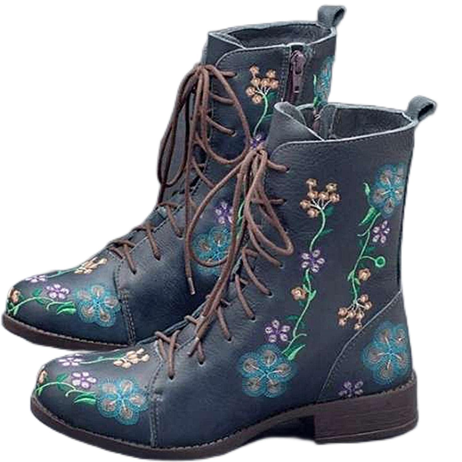 Vintage Embroidered Floral Ankle Booties for Women Lace Up Side Zip Ankle Boots Chunky Heel Fall Winter