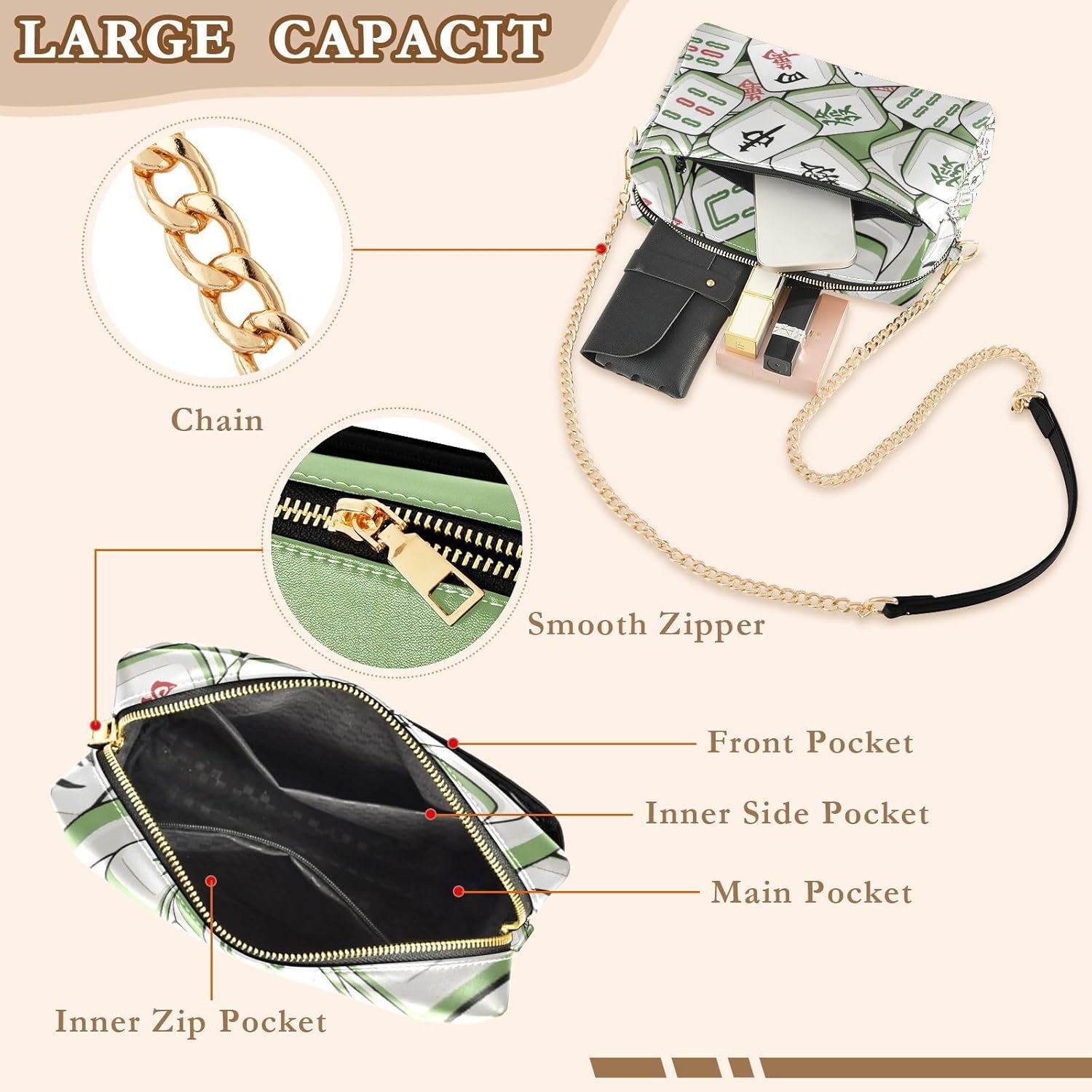 KLL Mahjong Chinese Green Fashion Small Crossbody Bags Vegan Leather Womens Purse Cross Body Waterproof Shoulder Handbags