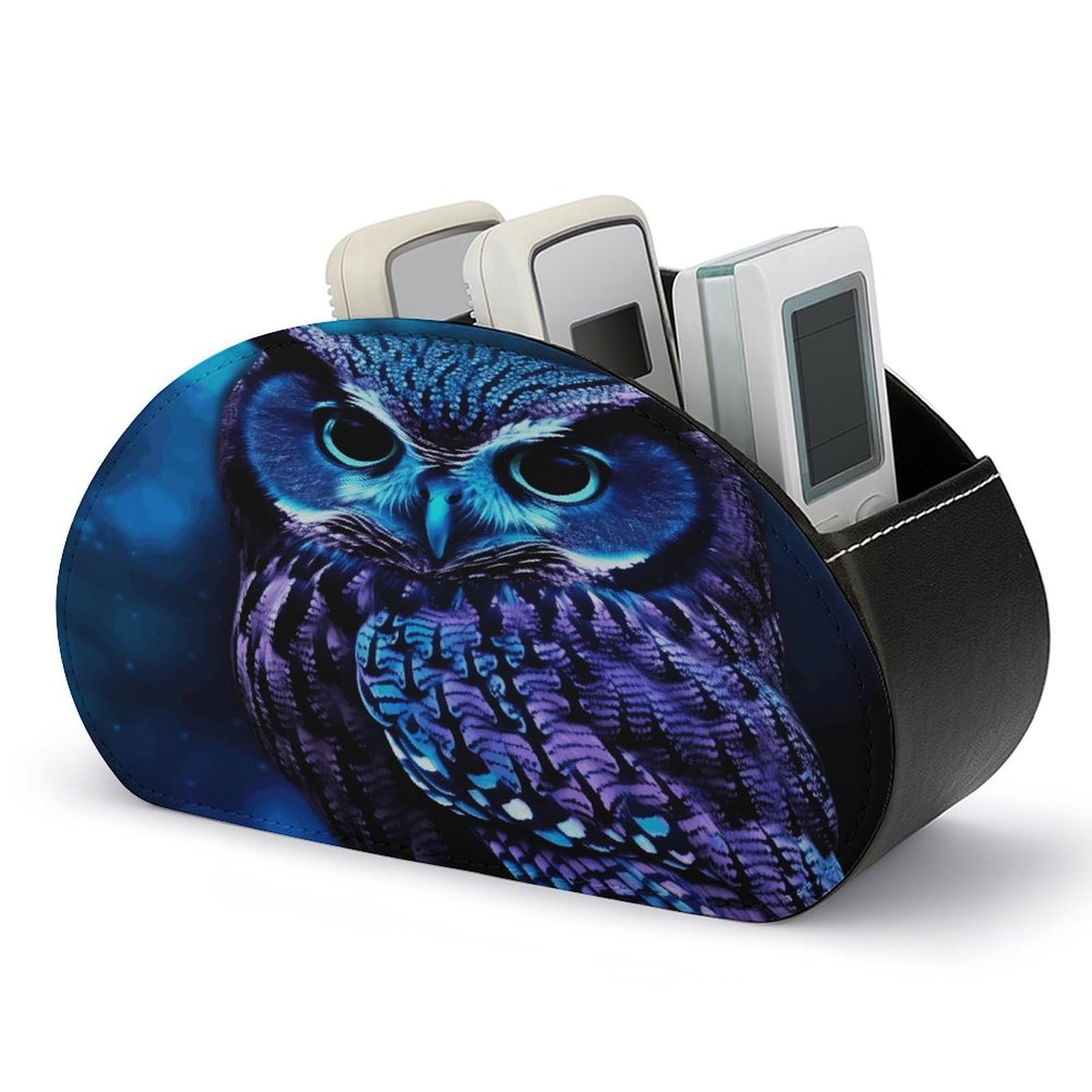 VstaDank Blue Owl Remote Control Holder with 5 Compartments PU Leather Remote Caddy Desktop Organizer Store TV Remote Control Storage Box for Home Office Desk Nightstand
