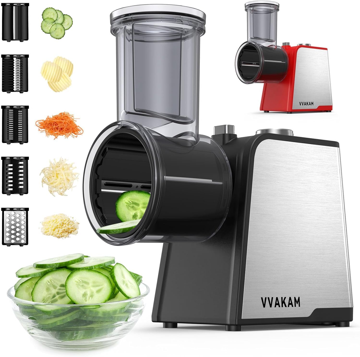 Electric Cheese Grater,300W DC Motor Salad Maker,Electric Slicer Shredder with 5 Different Shapes of Blades,Electric Vegetable Cutter for Potato,Carrot,Black