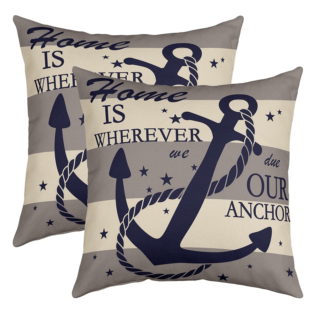 Richhome Boys Multi 5 Anchor Pattern Pillow Cover Ocean Theme Nautical Style Square Throw Pillow Cover For Bedroom Sealife Plaid Stripes Accent Decorative Cushion Cover For Kids Girls,Navy Blue Grey,16"X16"