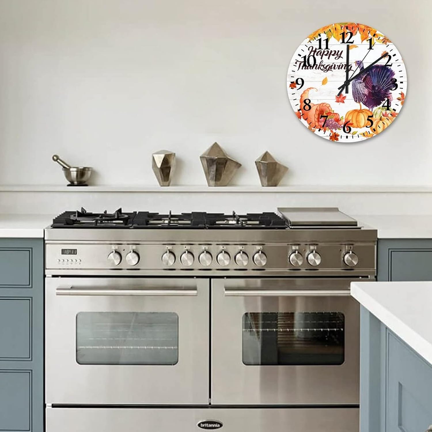 Wooden Clock Happy Thanksgiving Day Funny Turkey with Pumpkins Maple Leaves Table Clock Battery Operated Silent Non-Ticking Autumn Thanksgiving Day Round Clock for Dining Room Decor 12 Inch