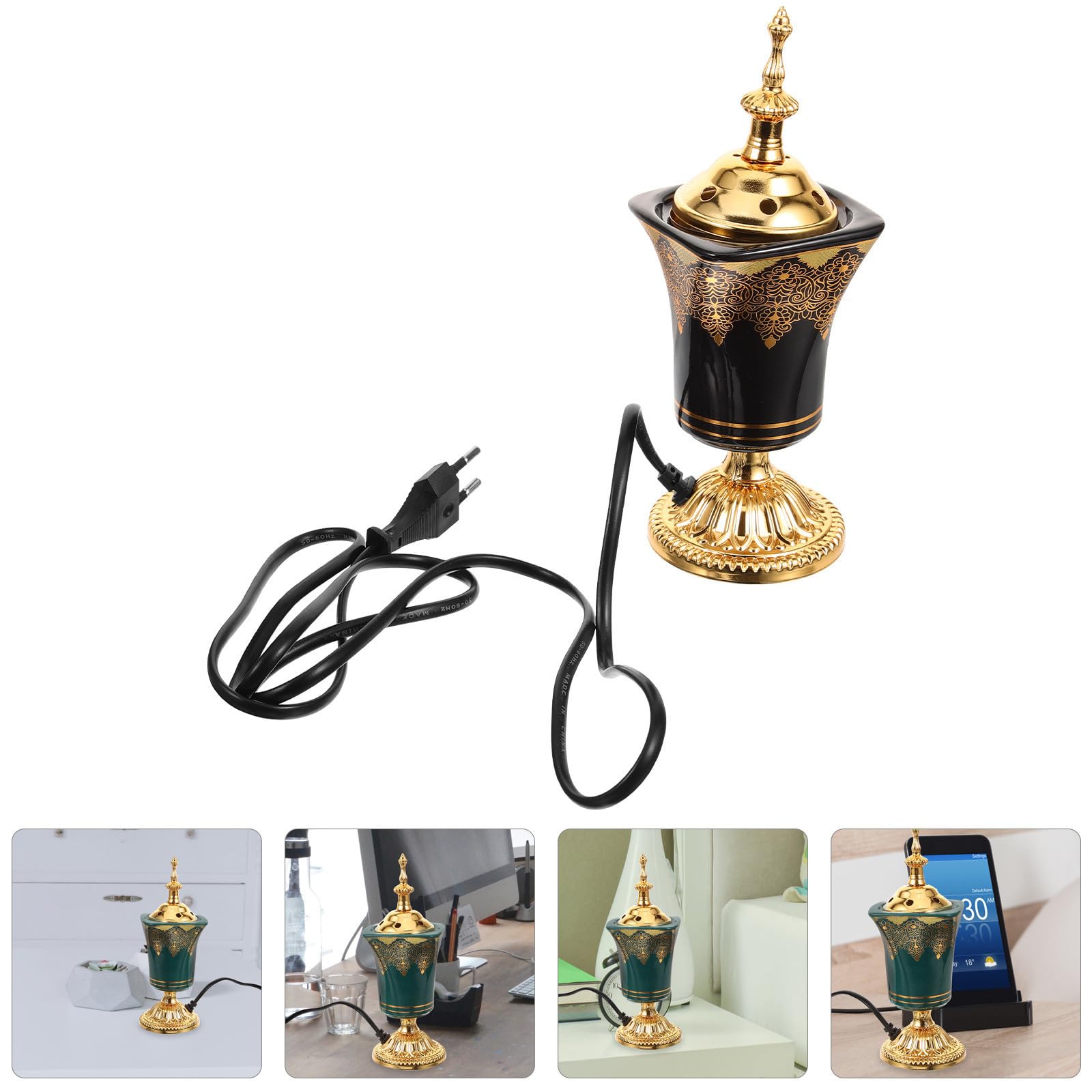 Quemador de Incienso Eléctrico Decorativo de Escritorio, Estilo Árabe Negro