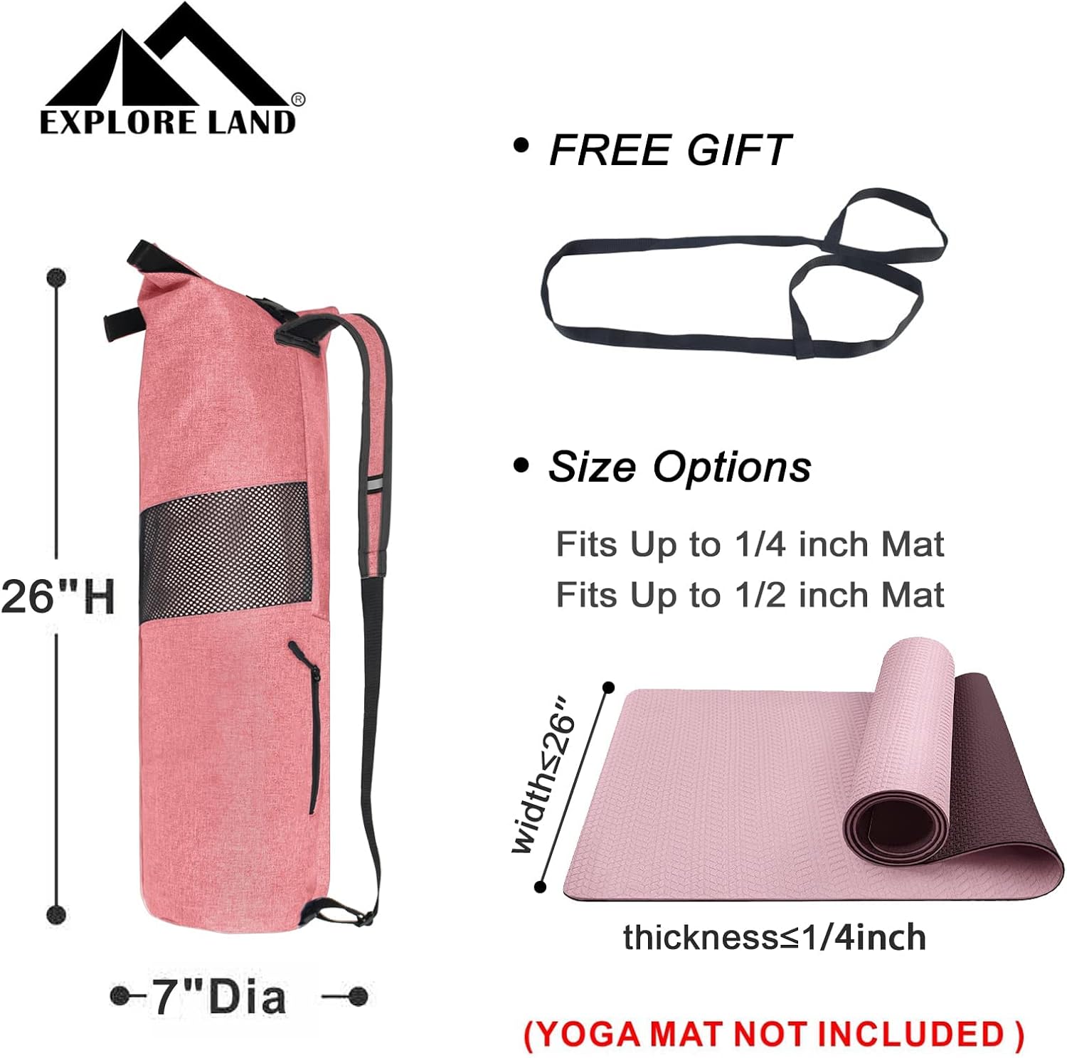 Explore Land Oxford Yoga Mat Storage Bag with Breathable Window and Large Pocket for Up to 1/2 1/4 Inches Extra-Thick Yoga Mat