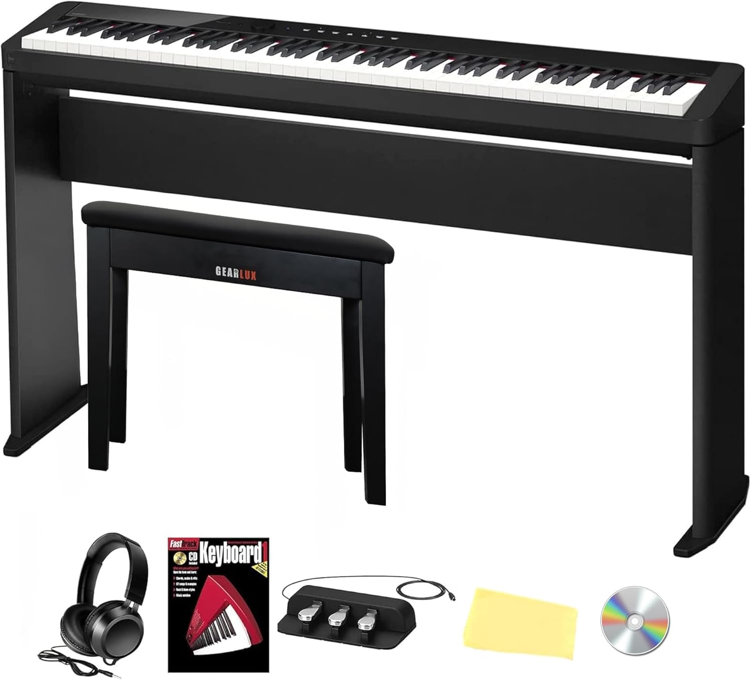 Casio Privia PX-S5000 Digital Piano - Black Bundle with CS-68 Furniture Stand, SP-34 Pedal, Bench, Headphones, Piano Book, Online Piano Lessons, Instructional DVD, and Austin Bazaar Polishing Cloth
