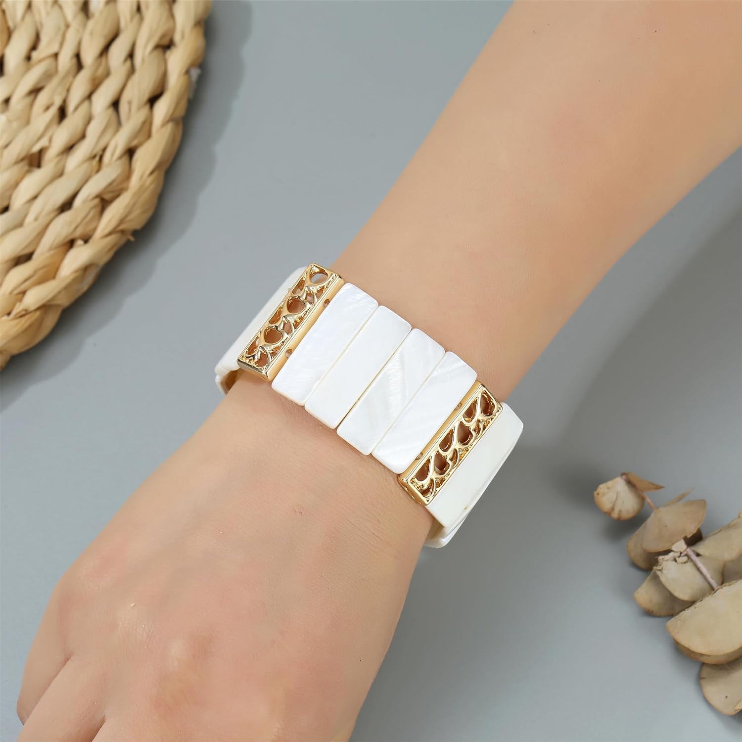 Boho Chunky Stretch Bracelets Colorful Handmade Gold Silver Plated Filigree Shell Bangle Bracelets for Women