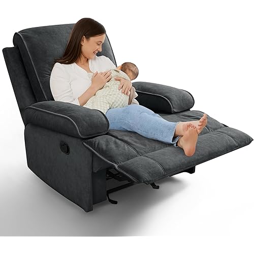 Nursery Rocking Chairs,Velvet Rocker Recliner Nursing Chair,Oversized Nursery Recliner Glider Chair with Extra Wide Footrest for Breastfeeding,Dark Grey