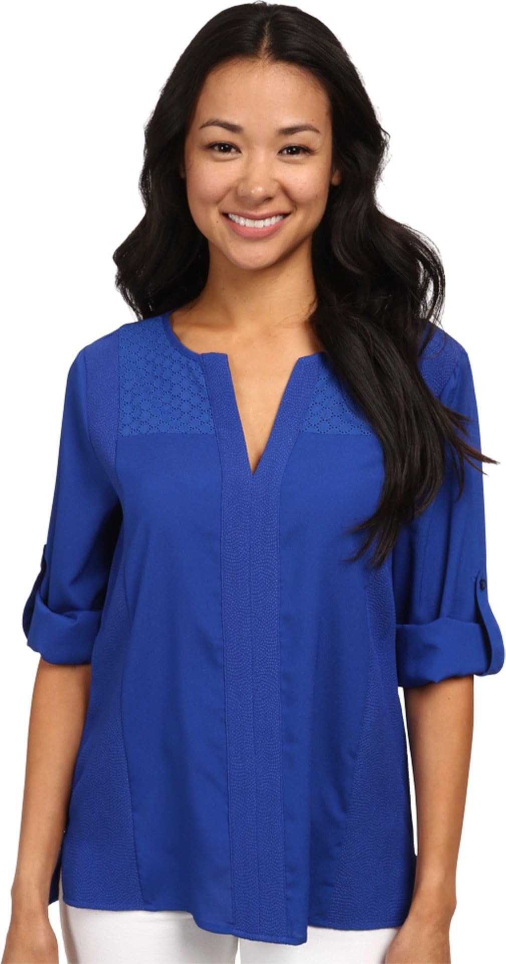 Calvin Klein Women's Long Sleeve Top Mixed Media Roll Sleeve Top