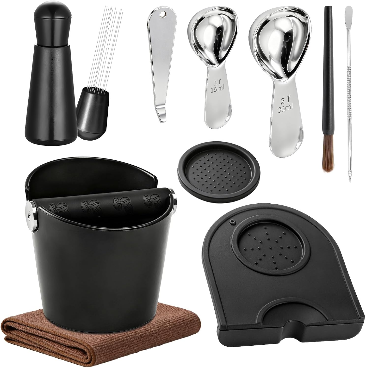 Espresso Accessories Kit,4.8 Inch Knock Box Kit with Tamping Mat,WDT Distribution Tool,Coffee Latte Art Pen,Coffee Scoops,Coffee grind Bin for Coffee Grounds Barista Kit at Home