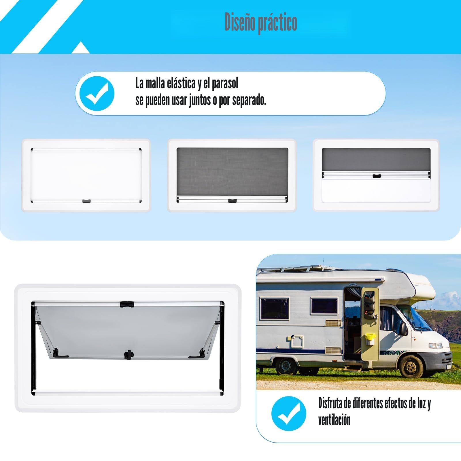 Ventana Caravana - Ventana Camper 900x500 mm, Exhibición Lateral Plegable Exterior Con Empuje, Estor Integrado Y Mosquitera
