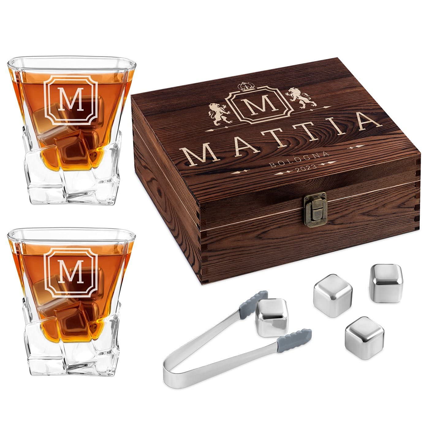 Maverton Set di Pietre da Whisky - in un cofanetto personalizzato - 8 cubetti di ghiaccio + 2 bicchieri - riutilizzabili - in granito - regalo compleanno uomo - nord