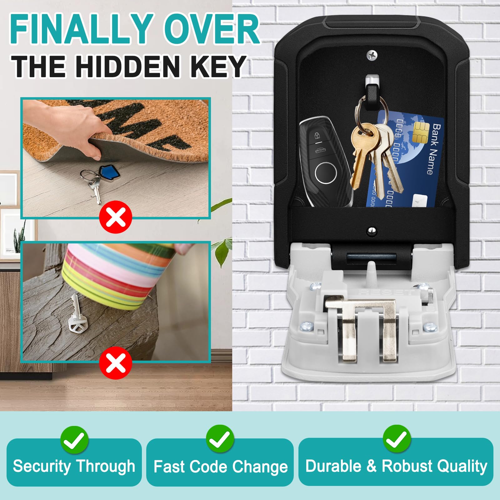 Caja de Seguridad para Llaves Exterior Impermeable Cajetin con Codigo 4 Dígitos Grande Resistente Pared Cajas Seguridad Combinación para Hogar Garaje Oficina Gimnasio