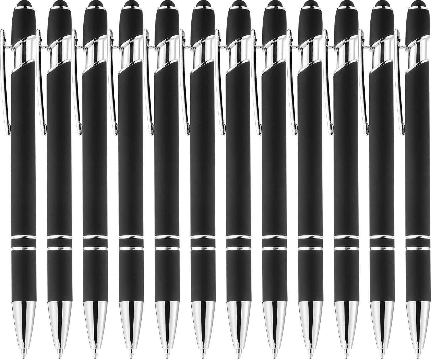 LINFANC 12 Pack Black Silver Ballpoint Pen with Stylus Tip, 1.0 mm Black Ink Smooth Writing Pens, Metal Stylus Pens for Touch Screens