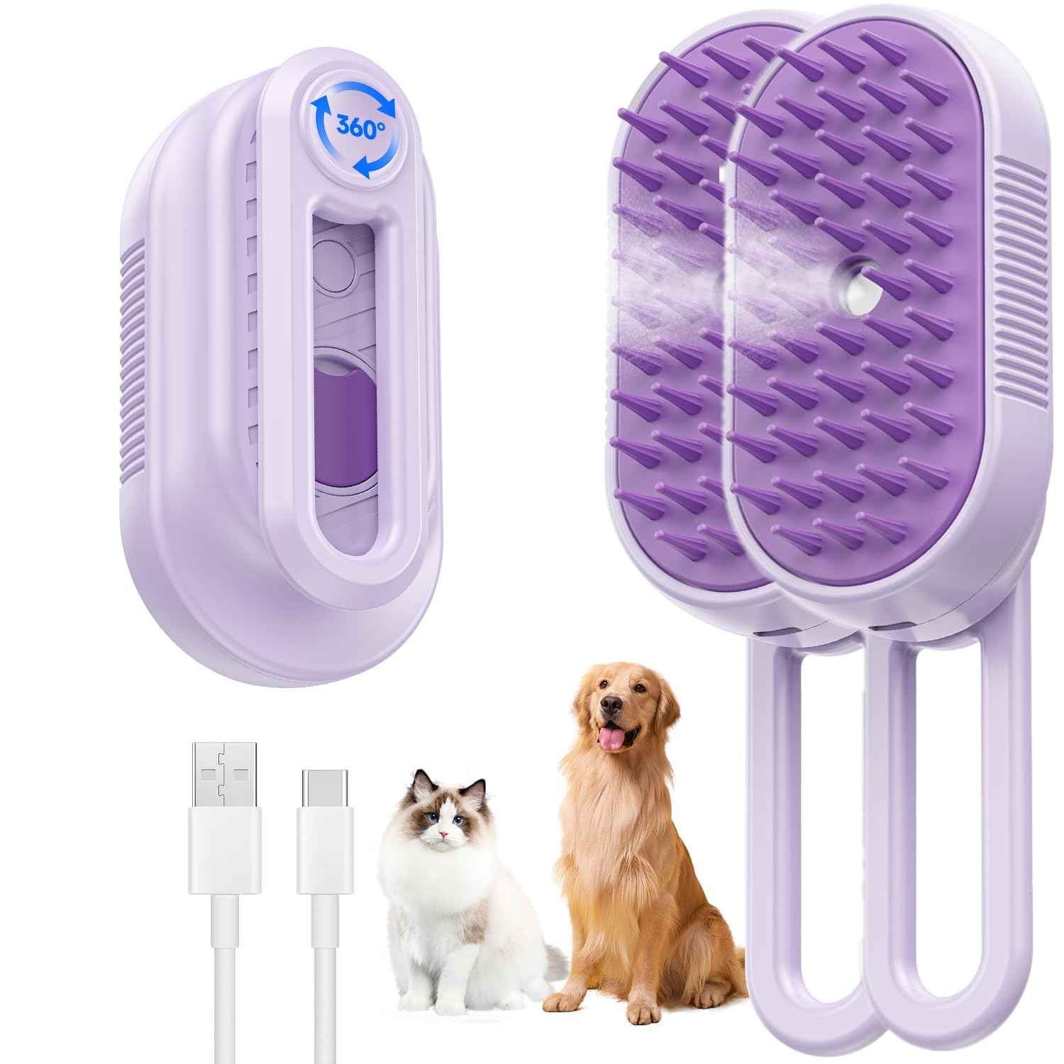 Cat Brush Steam 4-in-1 Antistatic Massage Comb for Cats Steam Brush Hair Remover for Pets Cats, Short and Long to Detangle Knots and Remove Loose Hairs, All in One (Purple*2)