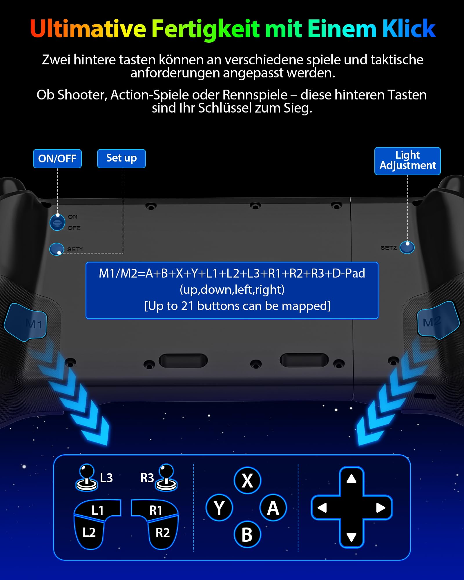 ZRZLMVP Controller Wireless Switch Pro per Switch 2/Switch 1/Switch OLED - Controller da gioco estensibile per PC con 16 luci RGB, Joystick effetto Hall, Programmierbar, Wake Up, Turbo, Vibrazione