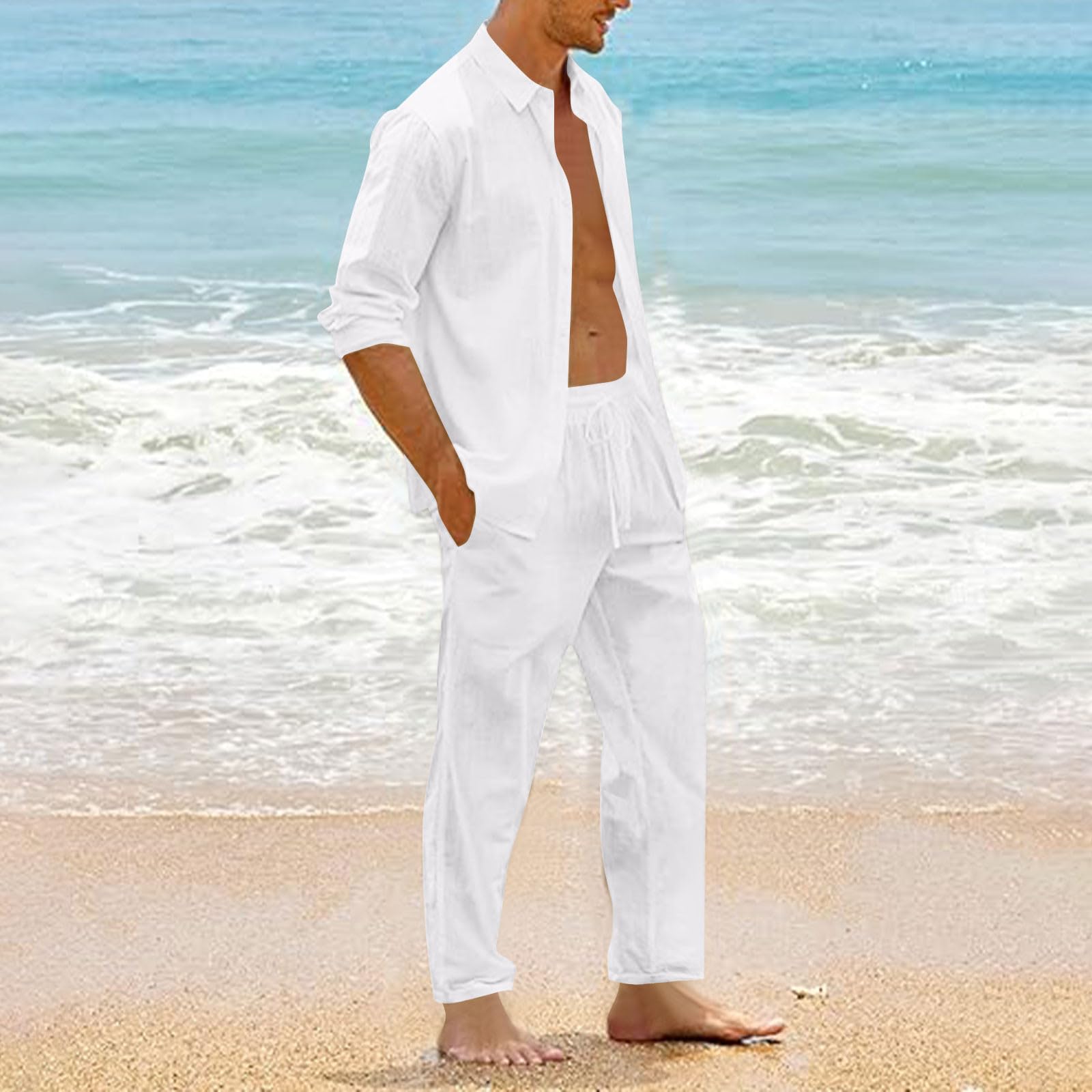 Conjunto de 2 piezas de lino casual para hombre, camisas de manga larga con botones y pantalones de pierna recta