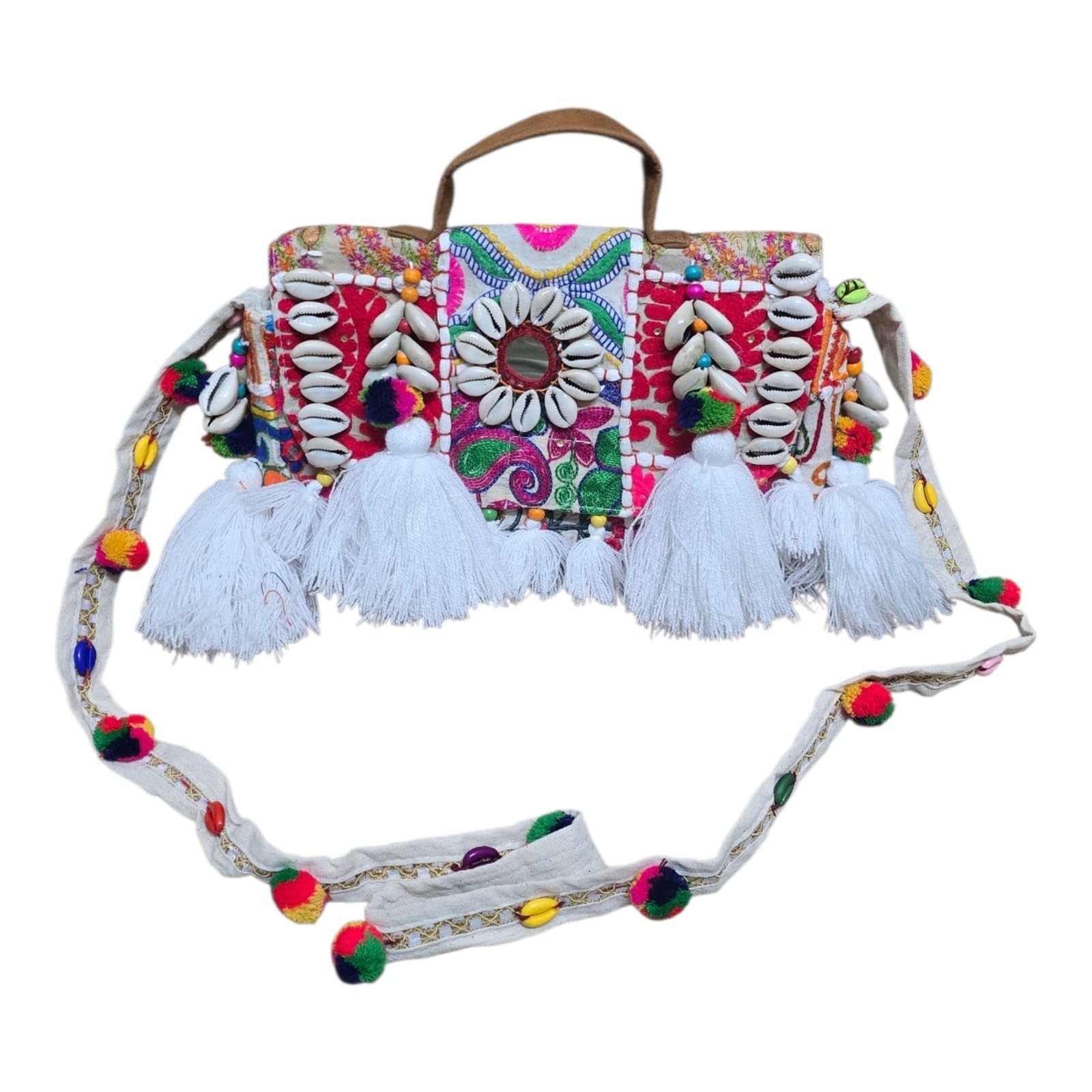 Banjara Sling Bag with Cowrie Shell Embroidery and White Tassel Detail, 25x18 cm Handmade Patch Work-image-12