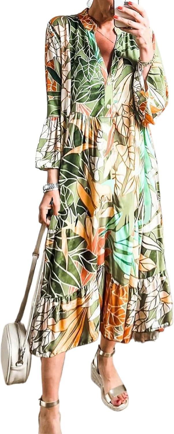 miduo Womens Casual Boho Summer 3/4 Sleeve V Neck Bohemian Tribal Print Flowy Midi Maxi Dresses